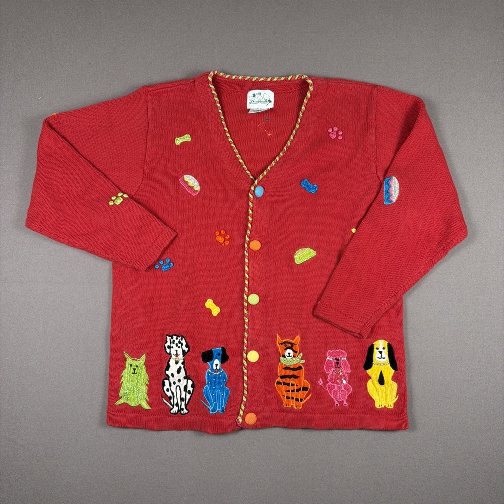 Large quacker factory cardigan Sweater Red Dogs Paws Bones